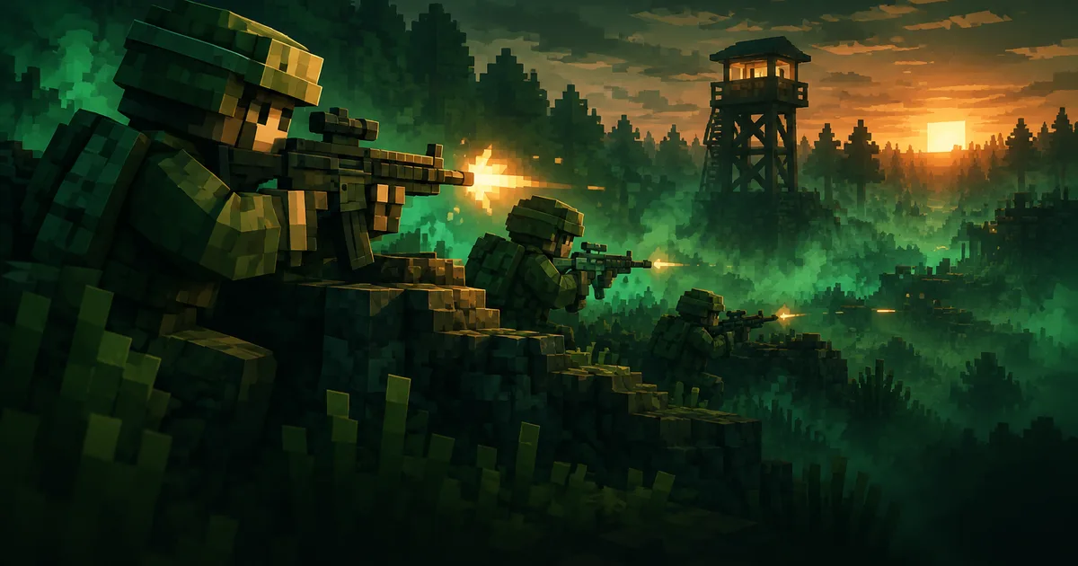 Voxel soldiers on a blocky battlefield at dusk — original fan artwork