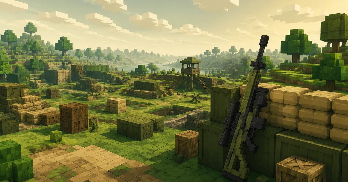 Voxiom.io voxel battlefield — crates, sandbags, a watchtower and a sniper rifle